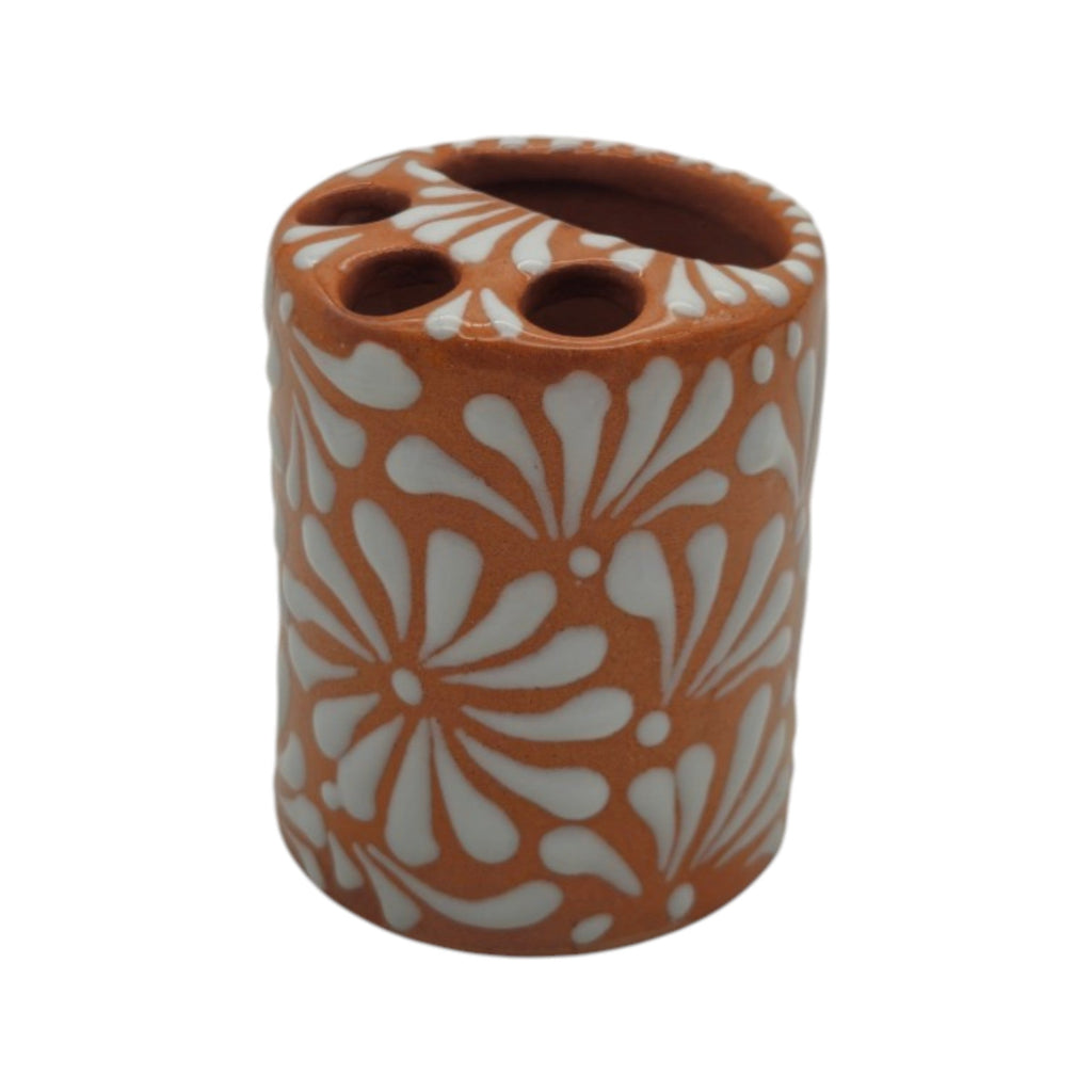 Talavera Toothbrush Holder | Brown & White Floral
